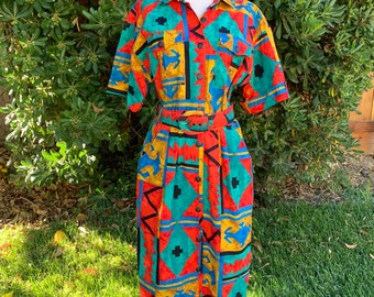 Vintage Robert Daniels Multi Colored Abstract Southwestern Print Dress