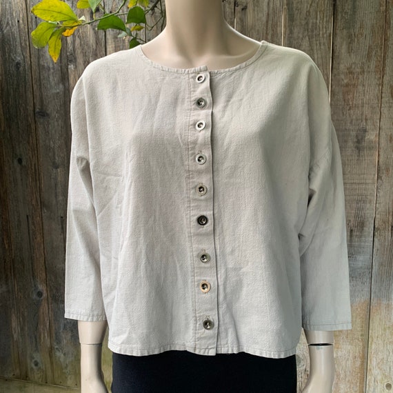 90s Blouse Minimalist Sand Color, Button Down Top… - image 1