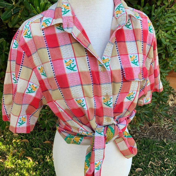 Vintage Checkered Floral Button Down Shirt - image 1