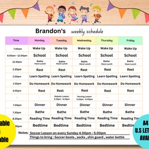 Weekly Schedule Planner for Kids Custom Weekly Plan Calendar To Do List Personalized Printable Editable Homeschool PDF