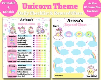 Editable Kids Daily School Checklist ,Printable Unicorn Rainbow, Daily Chores Checklist, Reward Chart,Girl Chores Chart