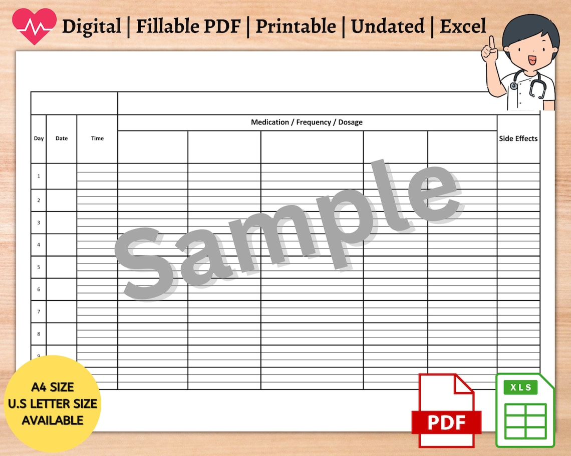 Excel medication tracker medication lists printable fillable pdf