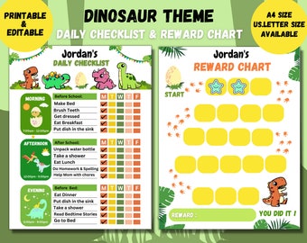 Editable Kids Daily School Checklist, Printable Dinosaur ,Daily Chores Checklist, Reward Chart,Toddler Chores Chart