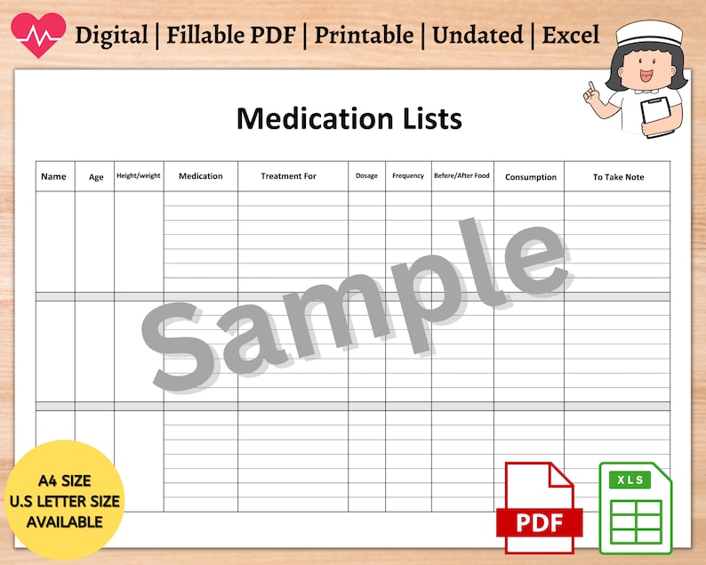 Excel medication tracker medication lists printable fillable pdf
