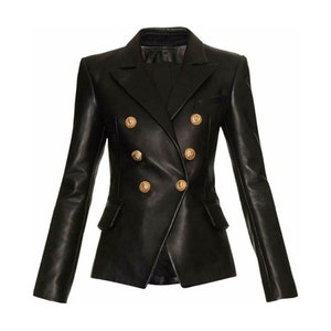 Black Leather Blazer Ladies With Double Breasted Front And Lapels Womens Black Leather Blazer Black Blazer For Women Leather Black Blazer