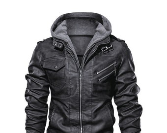 Distressed Hooded Black Bomber Jacket With Multiple Pockets Black Bomber Leather Jacket Mens Black Leather Aviator Jacket Black Pilot Jacket