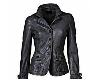 Black Leather Jacket Women With Button Closure Ladies Leather Jacket Womens Motorcycle Jacket Leather Biker Jacket Women Leather Moto Jacket