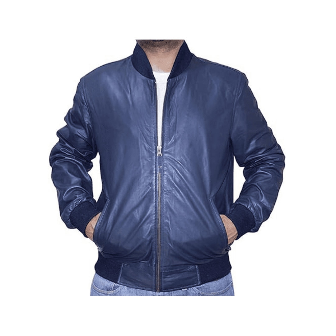 Navy leather hotsell jacket mens