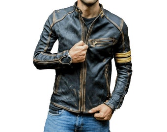 Distressed Black Leather Riding Jacket Mens With Yellow Stripes Black Leather Motorcycle Jacket Mens Black Leather Biker Jacket Cafe Racer