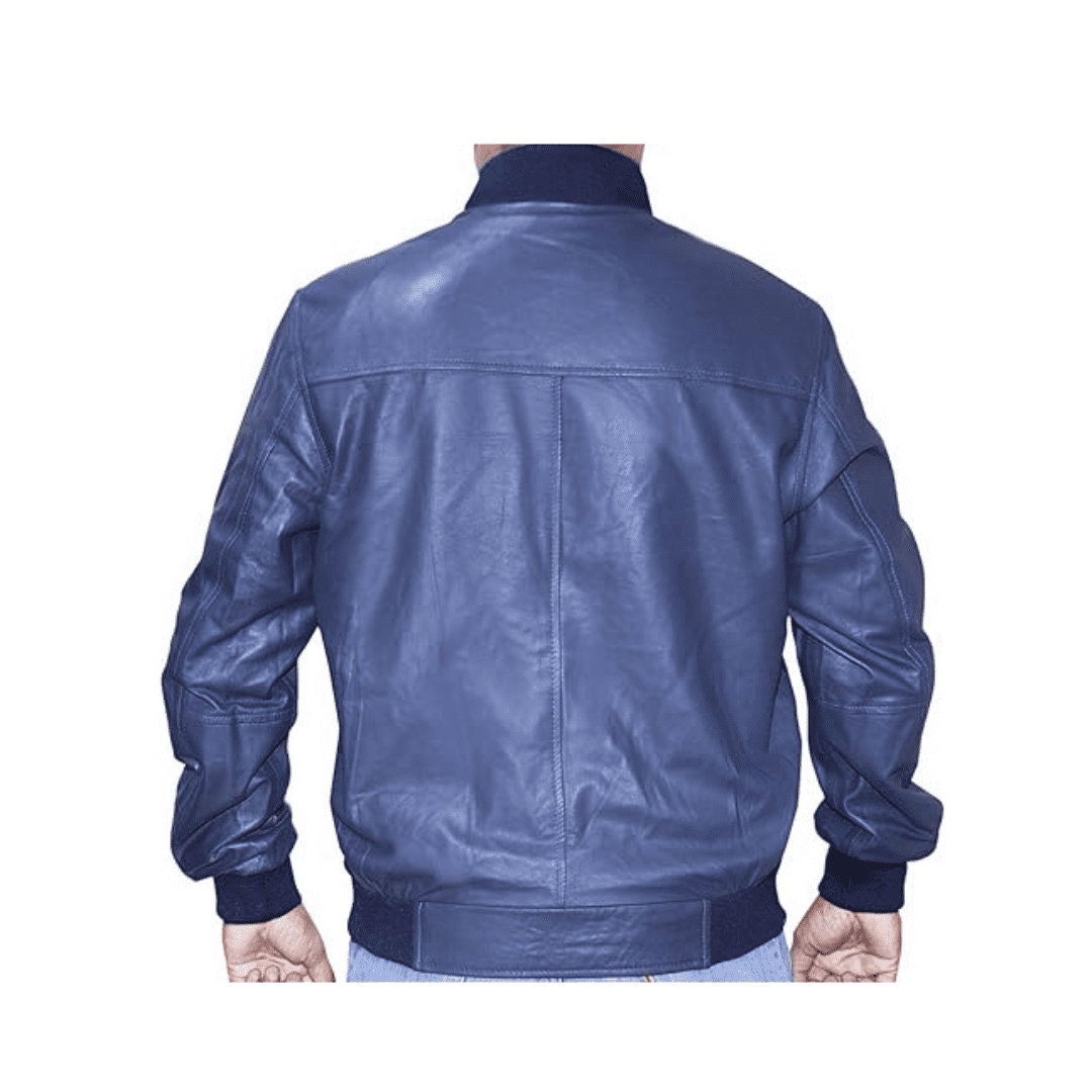 Mens Blue Leather Bomber Jacket Ma1 With Zipper Closure Ma1 Flight