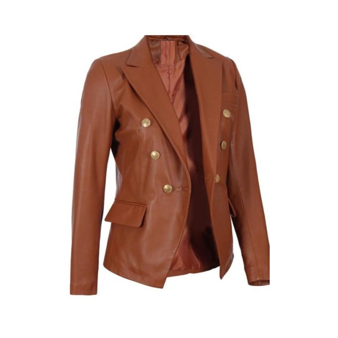 Womens Brown Leather Blazer With Double Breasted Front and Lapels Brown