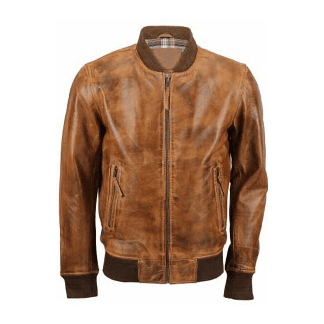 Waxed MA1 Brown Leather Bomber Jacket Mens With Two Side Pockets MA1 Flight Bomber Jacket Brown