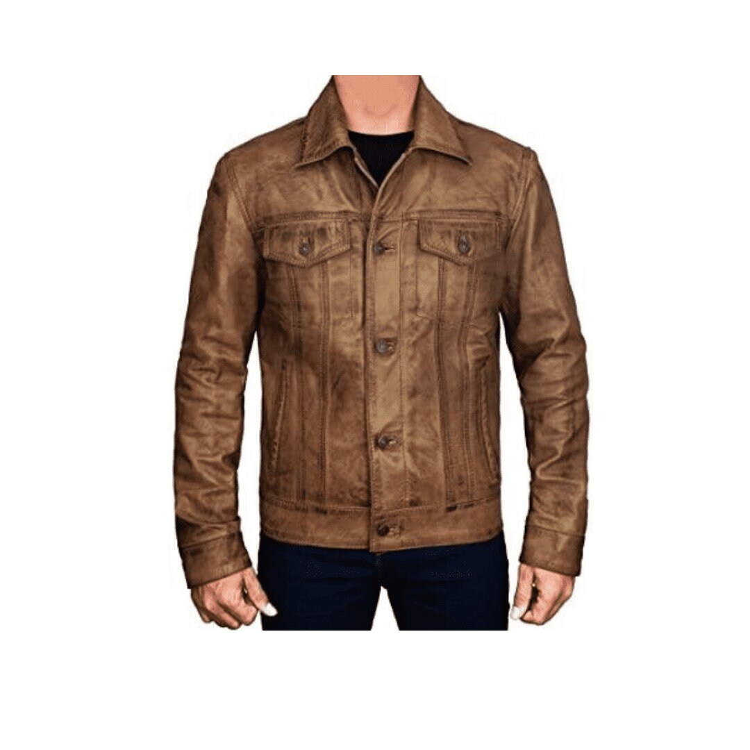 Brown Leather Moto Jacket With Paneled Design Mens Trucker Jacket Brown ...