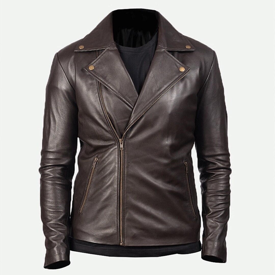 Brown Leather Riding Jacket With Lapel Collar Biker Leather Jacket ...