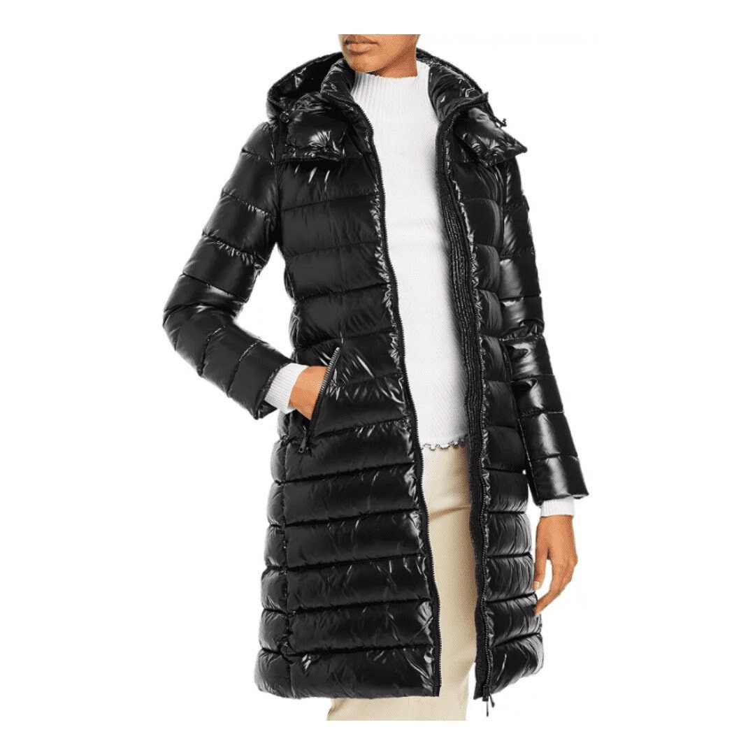 Shiny Ladies Black Puffer Coat With Hood Long Ladies Puffer Jacket