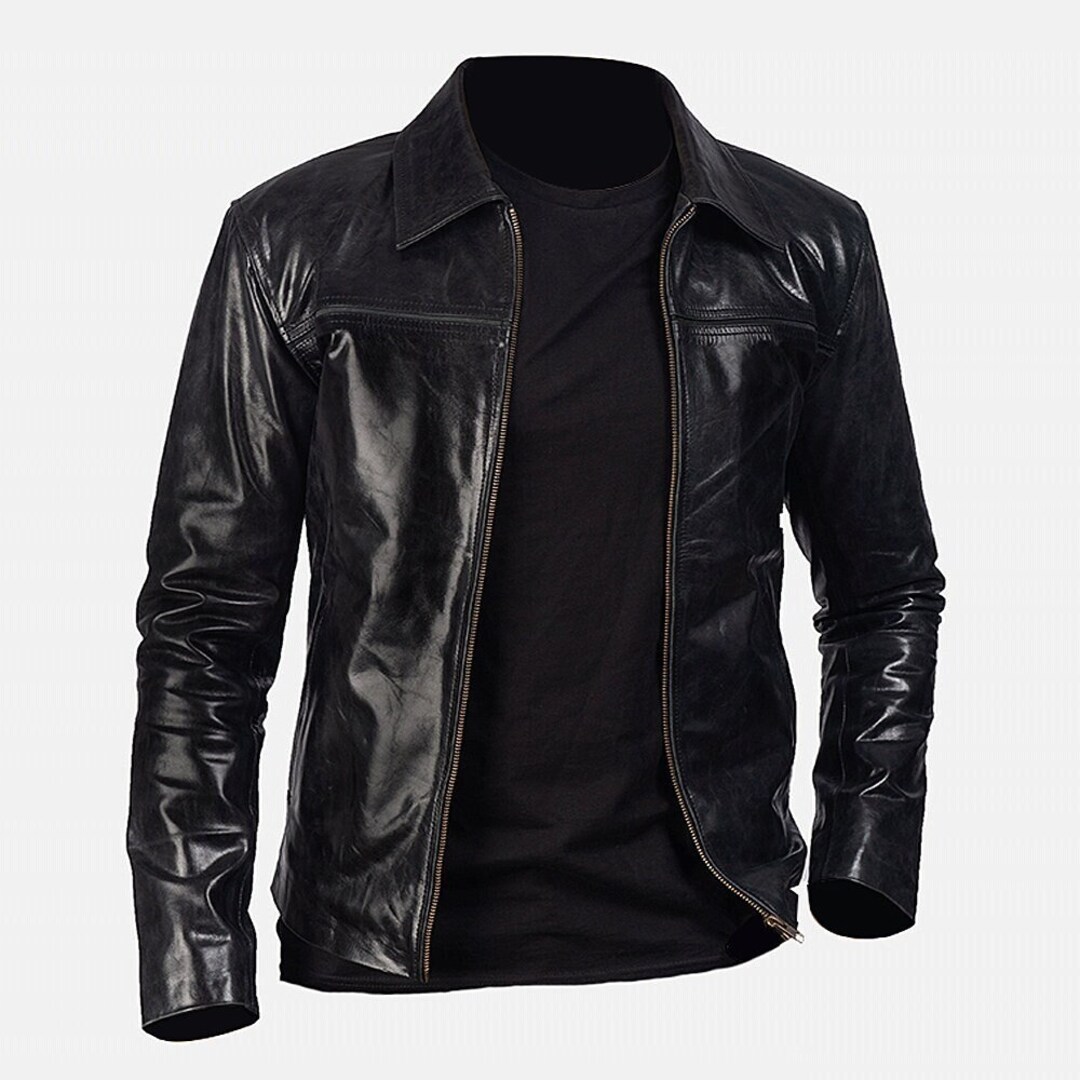 Black Leather Riding Jacket Mens With Shirt Collar and Two Welt Pockets