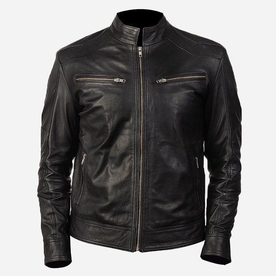 Giacca da moto in pelle nera da uomo con polsini con cerniera Giacca da moto  in pelle nera Giacca in pelle Cafe Racer Giacca da moto nera da uomo -   Italia