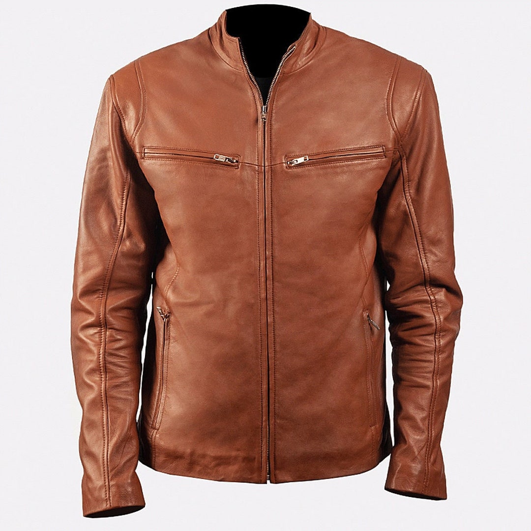 Men's Premium Slim Fit Black/Brown Motorcycle Leather Jacket with Zipper - Stylish & Durable