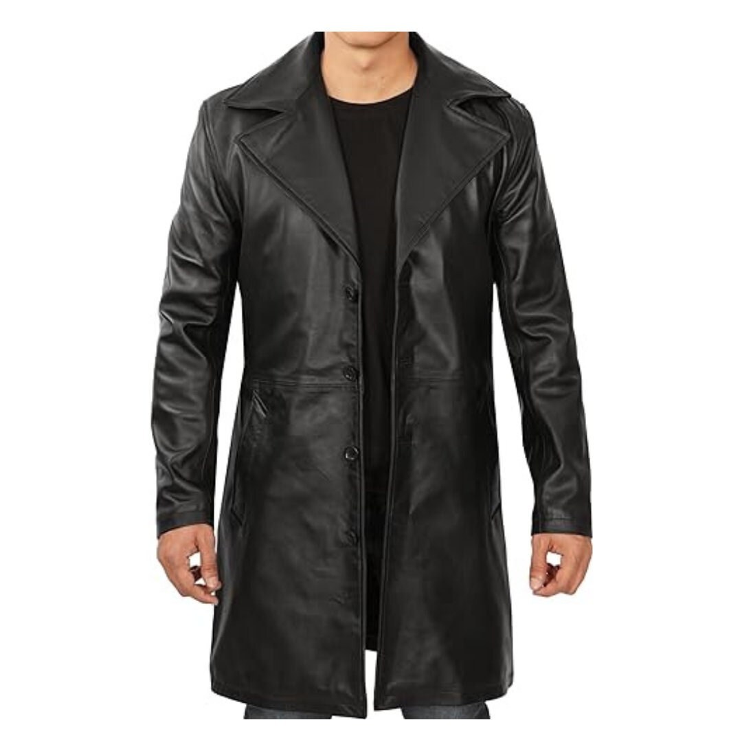 Black Leather Long Coat With Wide Lapels Mens Black Leather Coat Long