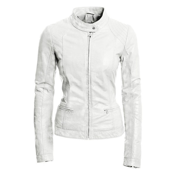 White Leather Jacket Womens Leather Biker Jacket Women White Jacket Women Leather Moto Jacket Women Motorbike Jacket Womens Riding Jacket