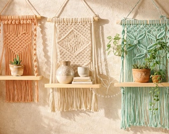 Macrame wall shelf Small floating shelf Trinket shelf Boho shelf decor Book shelf Plant wall shelf Wooden shelf Gifts for her Gifts for mom
