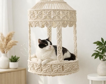 Macrame cat bed Hanging cat hammock Large cat bed Boho cat tree Modern cat furniture Indoor cat swing Gifts for her Cat lover gift