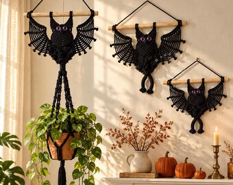 Macrame Bat Wall Hanging, Gothic Halloween Decor, Bat Plant Hanger, Witchy Wall Art, Spooky Boho Home Decor, Handmade Bat Decoration