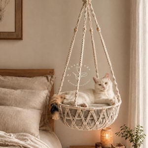 Può includere: Un gatto bianco riposa in una cuccia sospesa in macramè. Il letto è fatto di corda color crema e ha un cuscino grigio. Il gatto ha una coda soffice con segni marroni e neri. Il letto è sospeso a un gancio a soffitto.