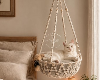 Macrame cat hammock Hanging cat bed Boho cat swing Modern cat furniture Cat wall shelf Handmade cat tree Cat tower Cat lover gifts