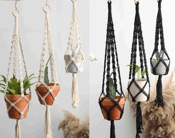 Black Macrame Plant Hanger Rope Hanging Planter for Indoor Plants Crochet Ceiling or Window Planter Pot Holder Simple Boho Plant lover gifts