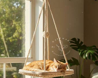 吊り下げ式キャットベッド、マクラメキャットハンモック、天井キャットスイング、ボヘミアン風キャットツリー、キャットウォールシェルフ、ハンドメイドキャット家具、ペットへのギフト、猫好きへのギフト