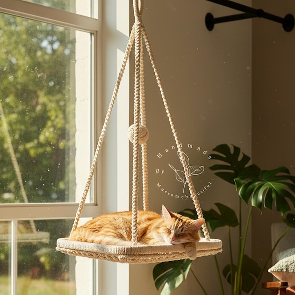 Hanging cat bed Macrame cat hammock Celing cat swing Boho cat tree Cat wall shelves Handmade cat furniture Gifts for pets Cat lover gifts