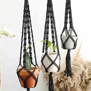 May include: Three black macrame plant hangers with wooden rings at the top. Each hanger has a different coloured pot with a plant inside. The pots are brown, white and grey.