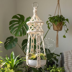 Puede incluir: Un colgador de plantas de macramé crema con una maceta de cerámica blanca que contiene suculentas. El colgador está suspendido de un anillo de metal. Otras plantas en macetas y cestas son visibles en el fondo, creando un interior vegetal.