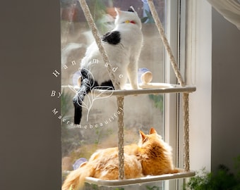 2 niveles gato ventana perca gato ventana cama Macrame gato hamaca gato estantes de pared colgante cama de gato Boho gato árbol gato amante regalo regalos para gatos