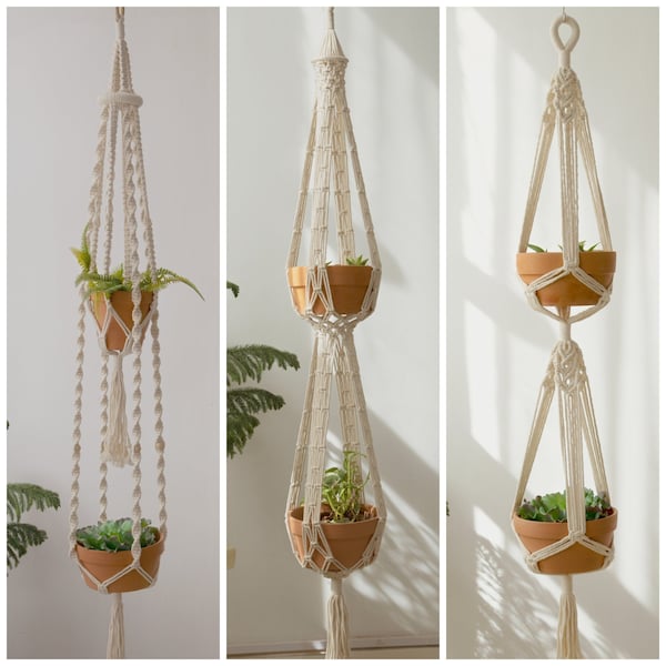 Macrame planta percha Gran jardinera colgante Decoración de jardín interior Doble planta percha Macrame jardinera Cuerda planta percha, Regalo amante de las plantas