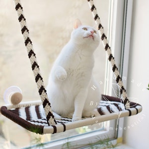 Makramee Katzenregal Geometrische Katzenfensterstange Boho Katzenwandregal Mix Color Katzenbett Handgefertigte Katzenmöbel Katzengeschenk für Katzenliebhaber