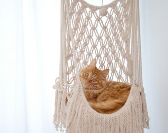 Cama colgante para gatos Macrame hamaca para gatos Muebles de pared para gatos Columpio para gatos Cueva para gatos de ganchillo Suministros para gatos Árbol para gatos moderno Regalos para gatos Regalo para amantes de los gatos