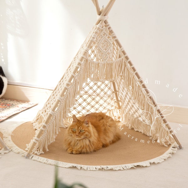 Handmade Macrame Pet Teepee with Jute Mat Wooden Dog House Cat Tent Boho Pet Bed Photo Prop Background Gifts for pets Gifts for her