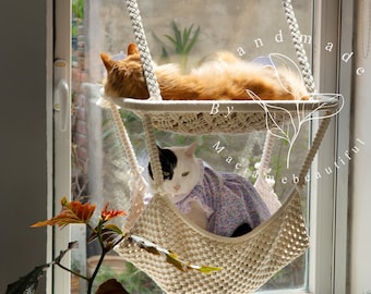 Cat Window Perch Macrame Cat Hammock 2 Tier estantes para gatos Cama para gatos hecha a mano Asiento de ventana para gatos Boho muebles para gatos Cat Lover Gift Cat tower