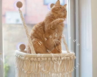 Kattenraamstok Macrame kattenhangmat Raam kattenzitje Op het raam gemonteerd kattenbed Drijvende kattenplanken Kattenliefhebber geschenken, modern kattenmeubilair