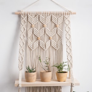 Hanging shelf Macrame wall shelf Rope plant shelf Large swing shelf Rustic kitchen shelf Wood shelf, Farmhouse boho nursery, Gifts for her Offwhite(as main pic