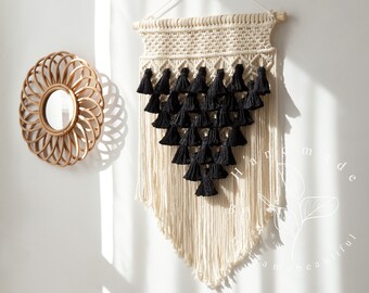 Décoration Murale Macramé à Main - Tenture Bohème Avec Perles En Bois Et Feuilles Vertes - Pour Chambre, Salon