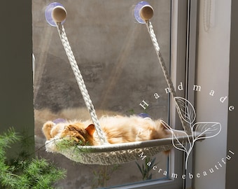 Cómoda hamaca para gato con ventana y macramé para pared o ventana, 2 tamaños, 19 colores disponibles, muebles modernos para gatos, regalo bohemio para amantes de los gatos