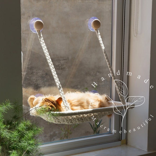 Hamac confortable pour chat en macramé avec fenêtre pour mur ou fenêtre, 2 tailles, 19 couleurs disponibles, meubles pour chat modernes, cadeau bohème pour amoureux des chats