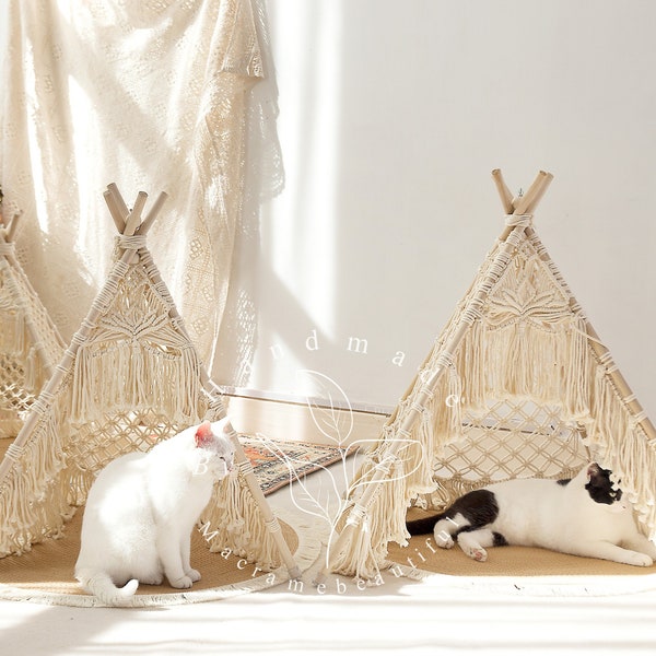 Macrame pet teepee with mat Handmade cat tent Wooden dog house Boho cat bed Macrame pet furniture, Baby Photo Backdrop, Gifts for pets