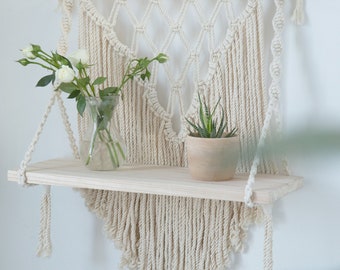 Hanging shelf Macrame wall shelf Rope plant shelf Large swing shelf Rustic kitchen shelf Decorative wood shelf, Farmhouse boho nursery