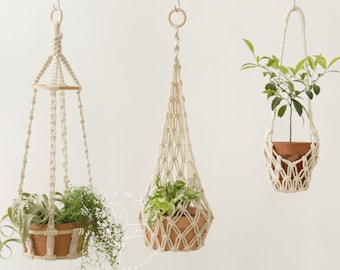 May include: Three handmade macrame plant hangers in varying designs. Each holds a terracotta pot with greenery. The hangers are suspended from the ceiling, showcasing a bohemian aesthetic. The plants add a touch of nature to the decor.