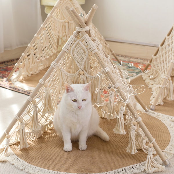 Cat tent bed Macrame Pet teepee with mat Dog tent Pet adventure tent Boho cat bed Wooden Pet house, 3 sizes and 19 colors available