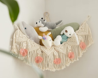Macrame toy hammock, Crochet corner hammock, Stuffed animal storage, Macrame toy net, Kids room storage, boho nursery decor